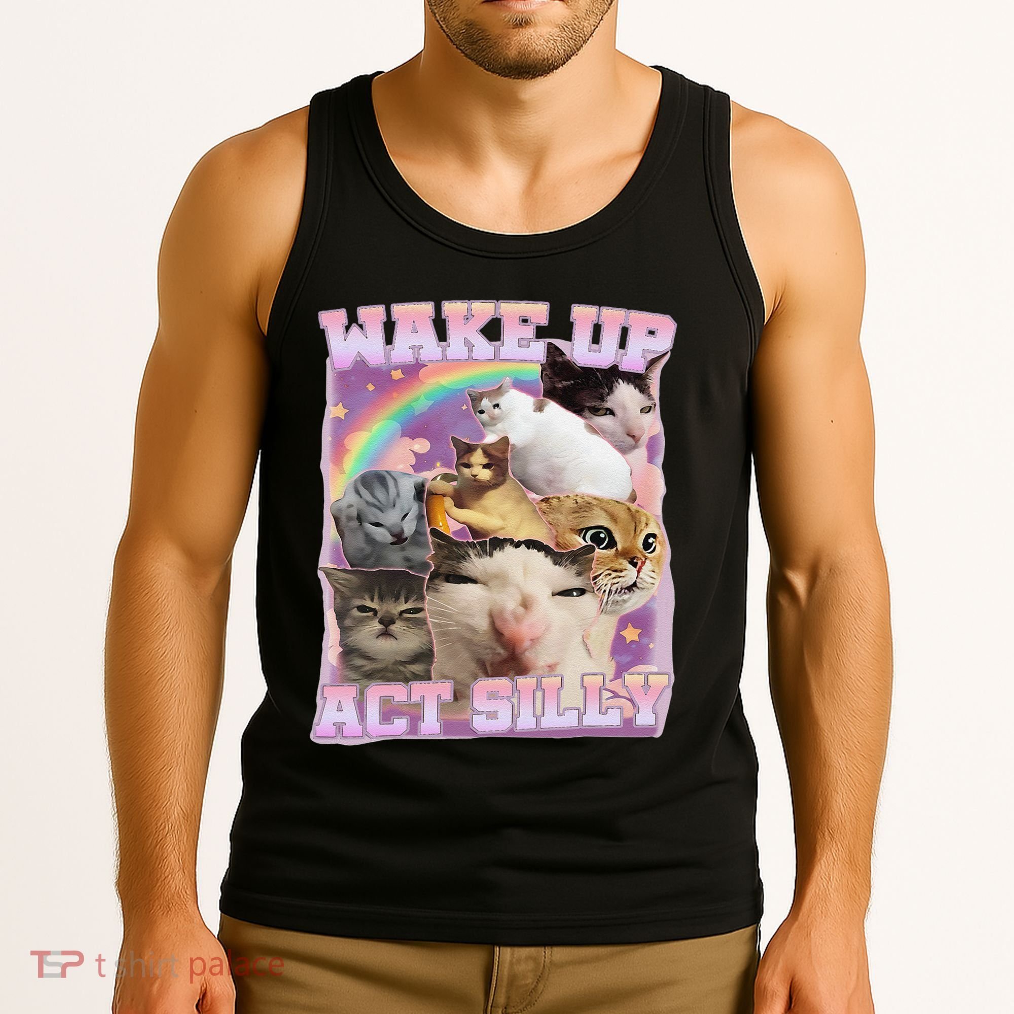Wake Up Act Silly Funny Cat Meme Lover Cat Tank Top