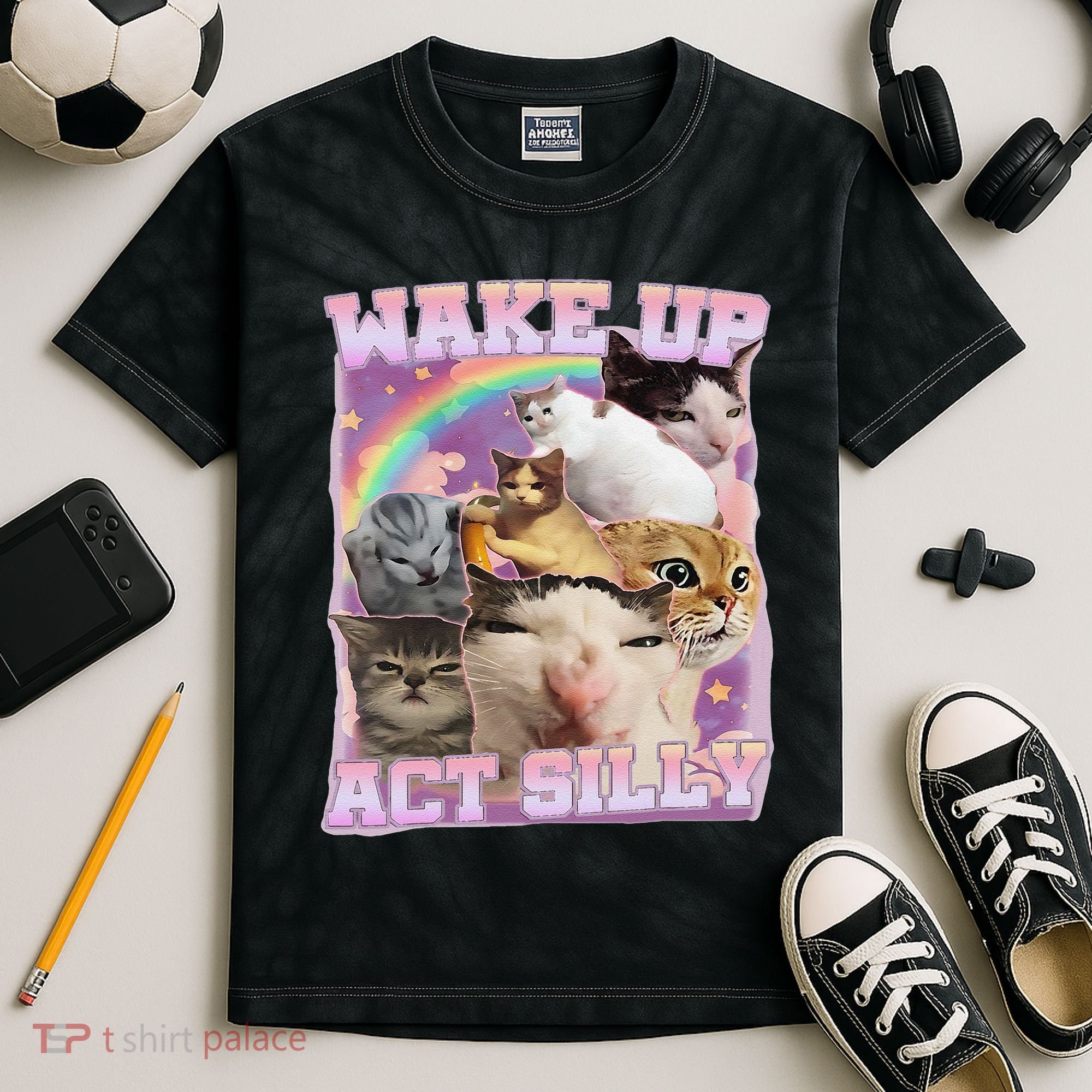 Wake Up Act Silly Funny Cat Meme Lover Cat Kids Tie-Dye T-Shirt