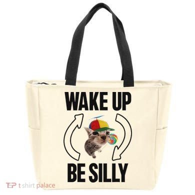 Wake Up Be Silly Repeat Cat Meme Cat Eat Rainbow Candy Tote Bag