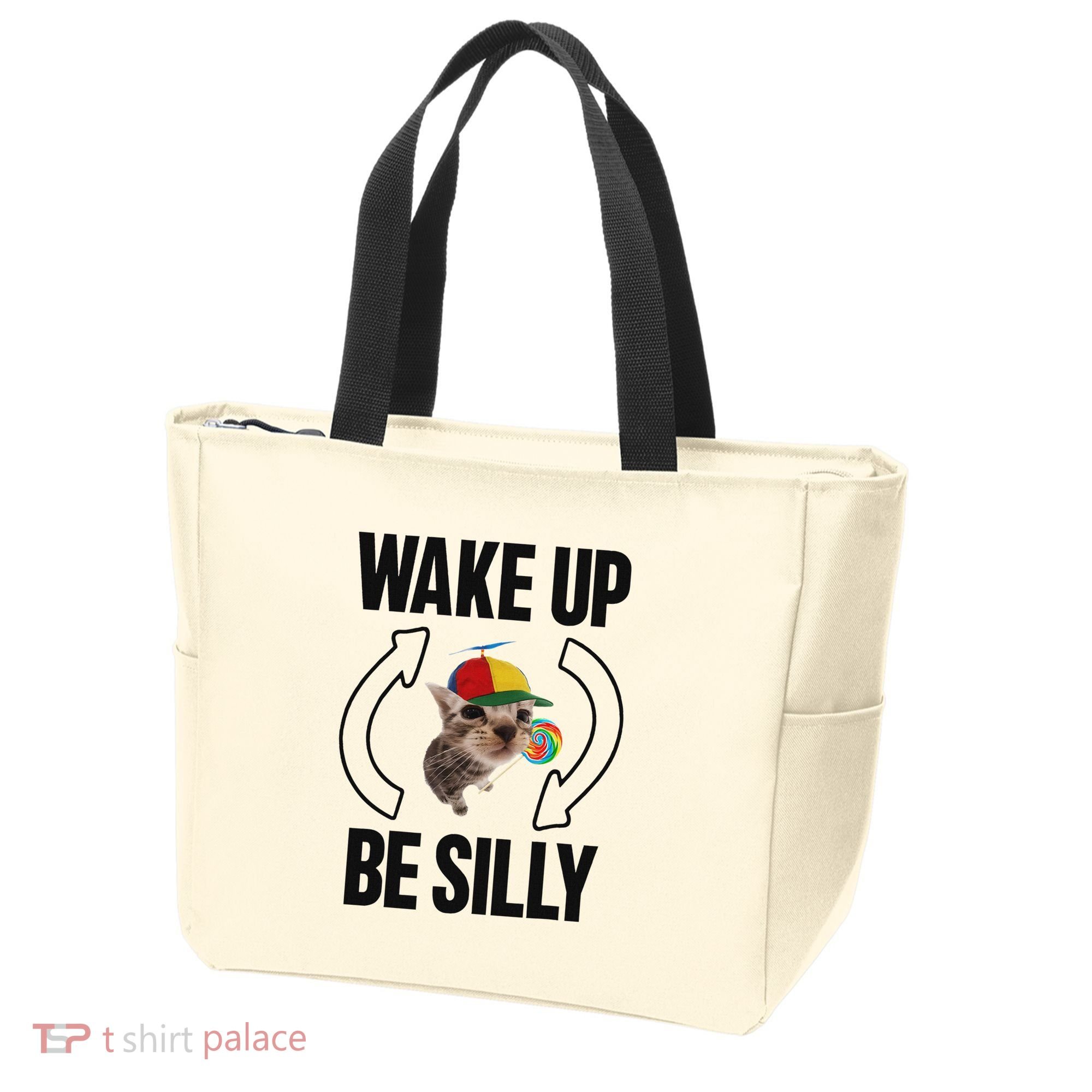 Wake Up Be Silly Repeat Cat Meme Cat Eat Rainbow Candy Tote Bag