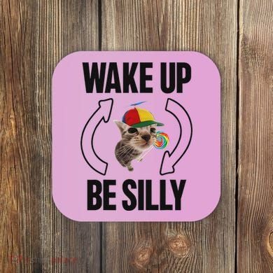 Wake Up Be Silly Repeat Cat Meme Cat Eat Rainbow Candy Coaster