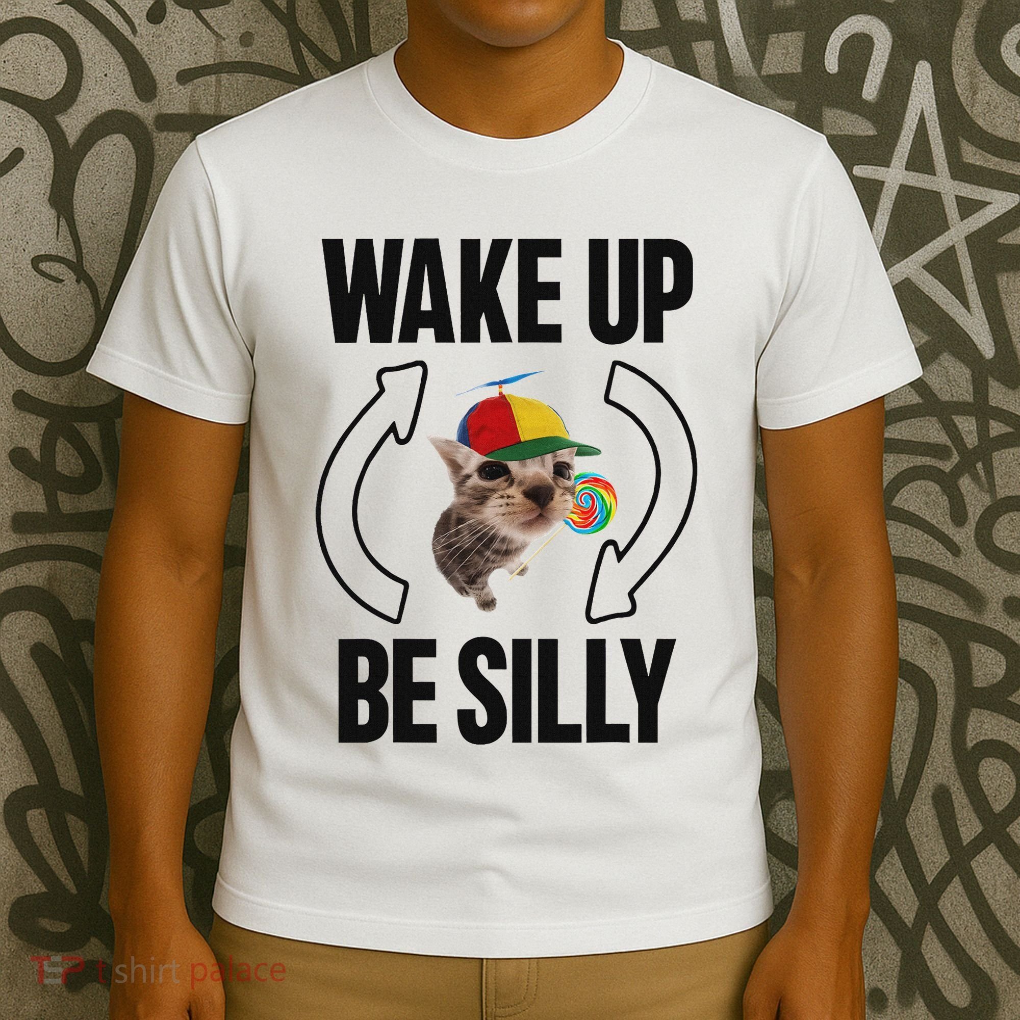 Wake Up Be Silly Repeat Cat Meme Cat Eat Rainbow Candy T-Shirt