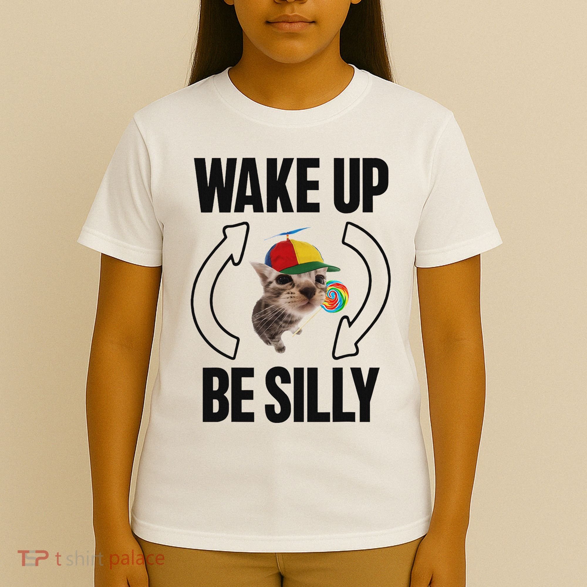 Wake Up Be Silly Repeat Cat Meme Cat Eat Rainbow Candy T-Shirt