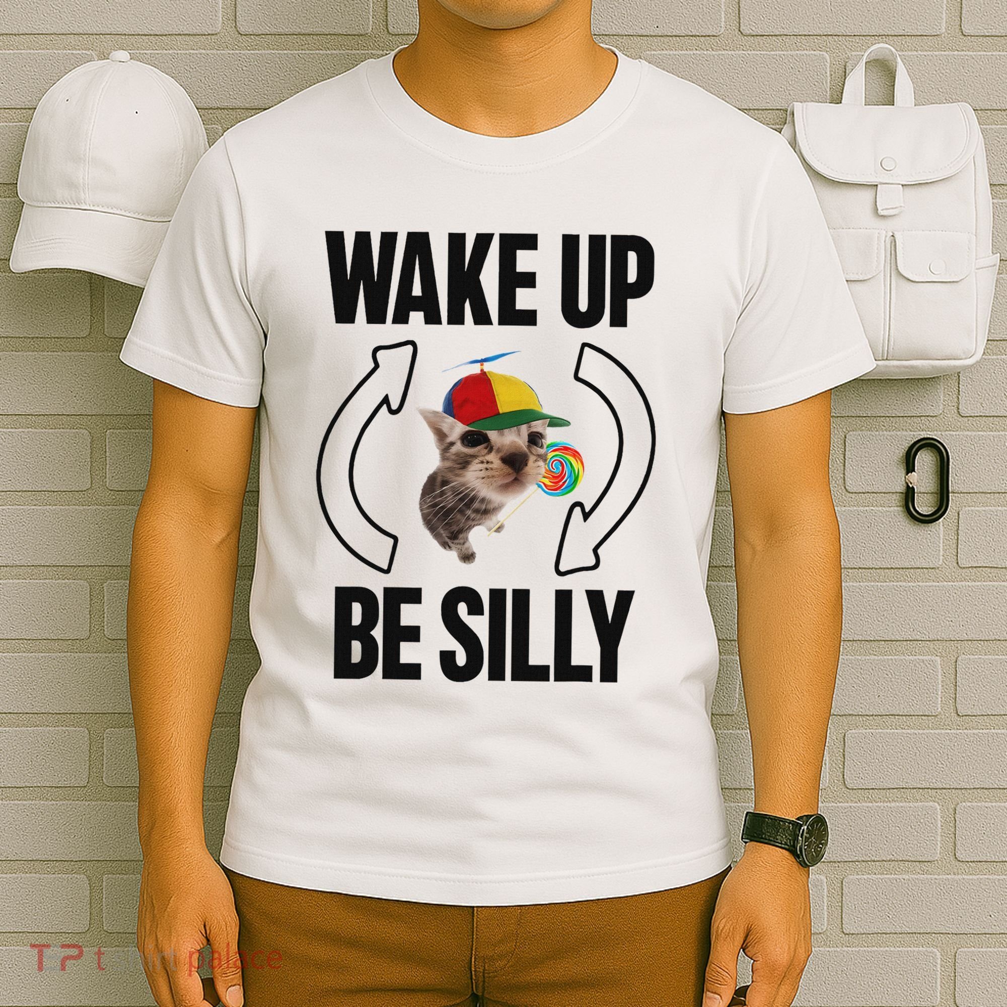 Wake Up Be Silly Repeat Cat Meme Cat Eat Rainbow Candy T-Shirt