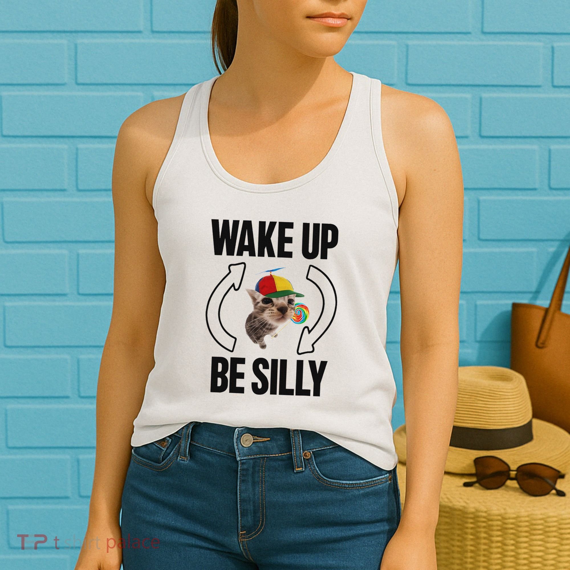 Wake Up Be Silly Repeat Cat Meme Cat Eat Rainbow Candy Women's Tank Top