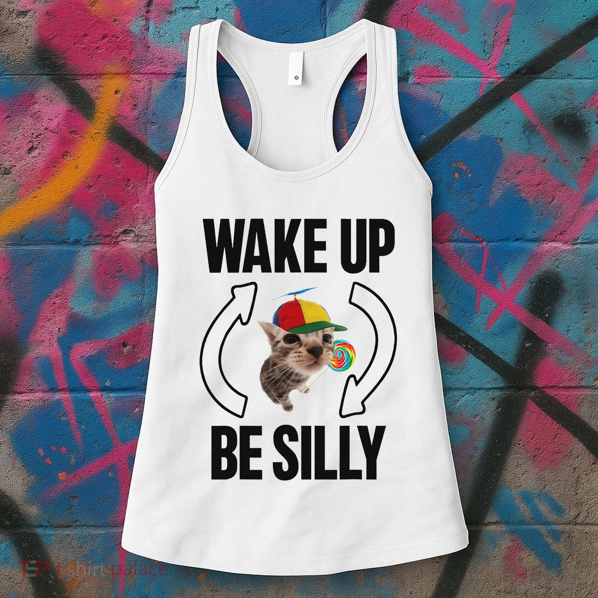 Wake Up Be Silly Repeat Cat Meme Cat Eat Rainbow Candy Women's Tank Top