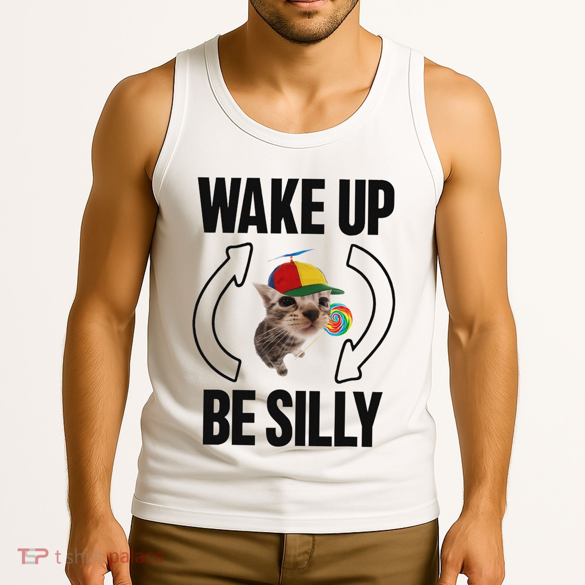 Wake Up Be Silly Repeat Cat Meme Cat Eat Rainbow Candy Tank Top