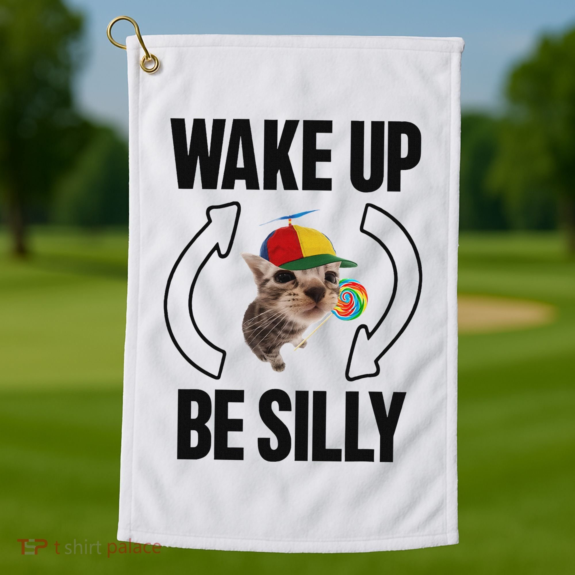 Wake Up Be Silly Repeat Cat Meme Cat Eat Rainbow Candy Golf Towel