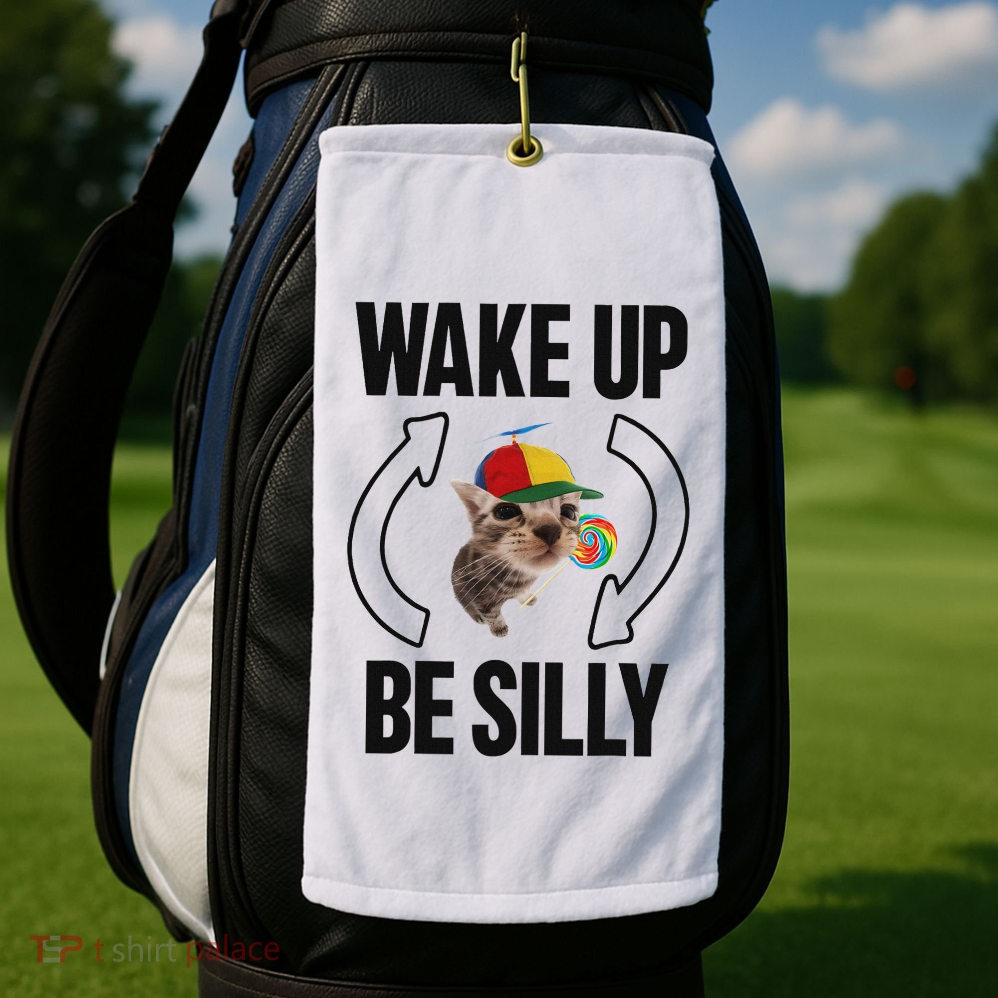 Wake Up Be Silly Repeat Cat Meme Cat Eat Rainbow Candy Golf Towel