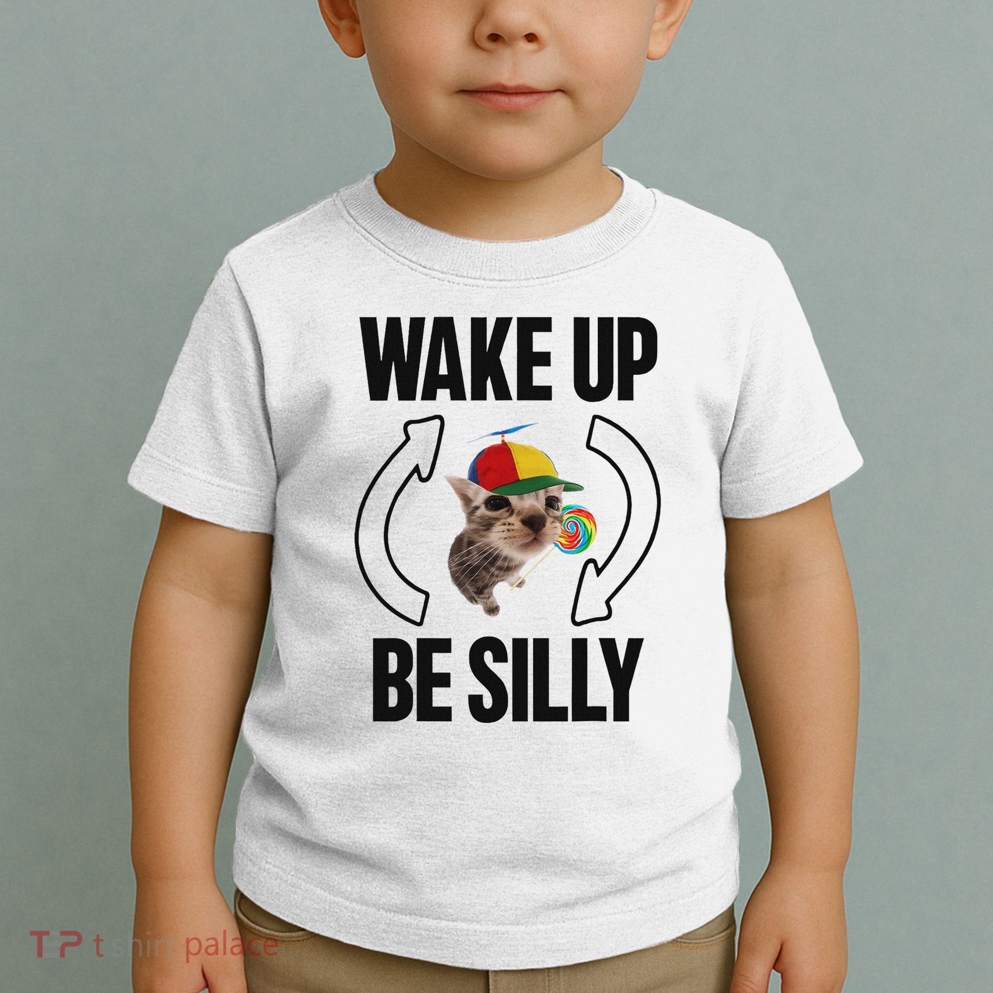 Wake Up Be Silly Repeat Cat Meme Cat Eat Rainbow Candy Toddler T-Shirt