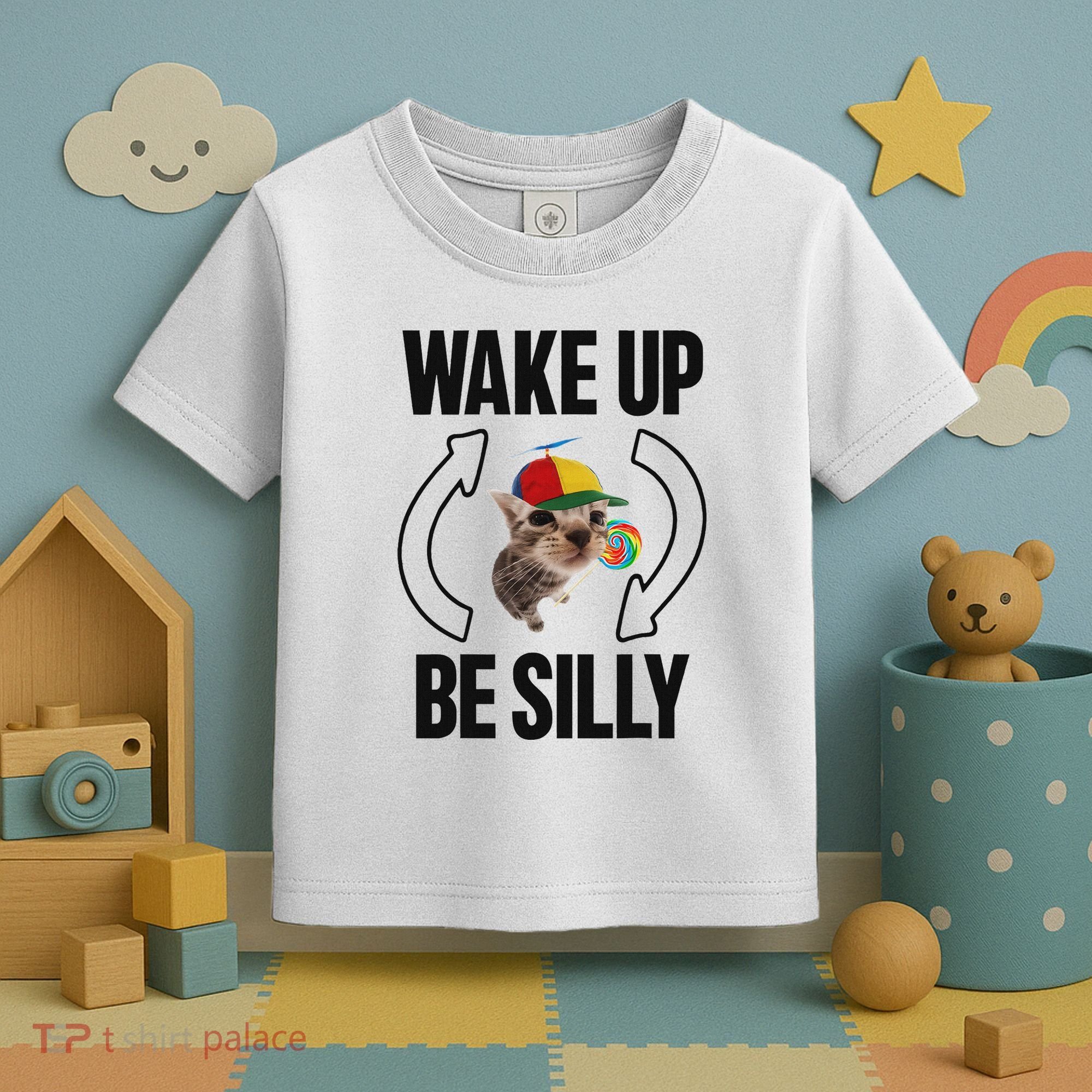 Wake Up Be Silly Repeat Cat Meme Cat Eat Rainbow Candy Toddler T-Shirt