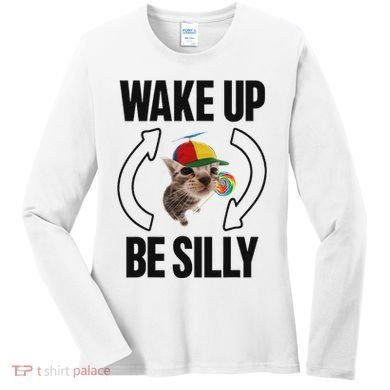 Wake Up Be Silly Repeat Cat Meme Cat Eat Rainbow Candy Women's Long Sleeve Shirt