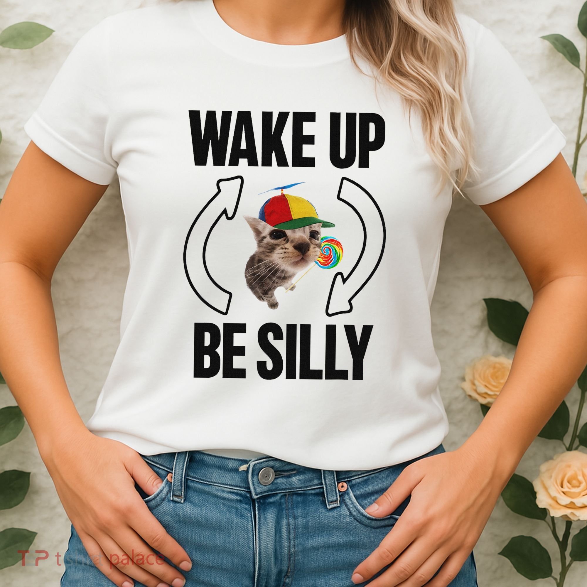 Wake Up Be Silly Repeat Cat Meme Cat Eat Rainbow Candy Women's T-Shirt