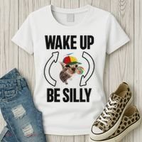 Wake Up Be Silly Repeat Cat Meme Cat Eat Rainbow Candy Women's T-Shirt thumb 3
