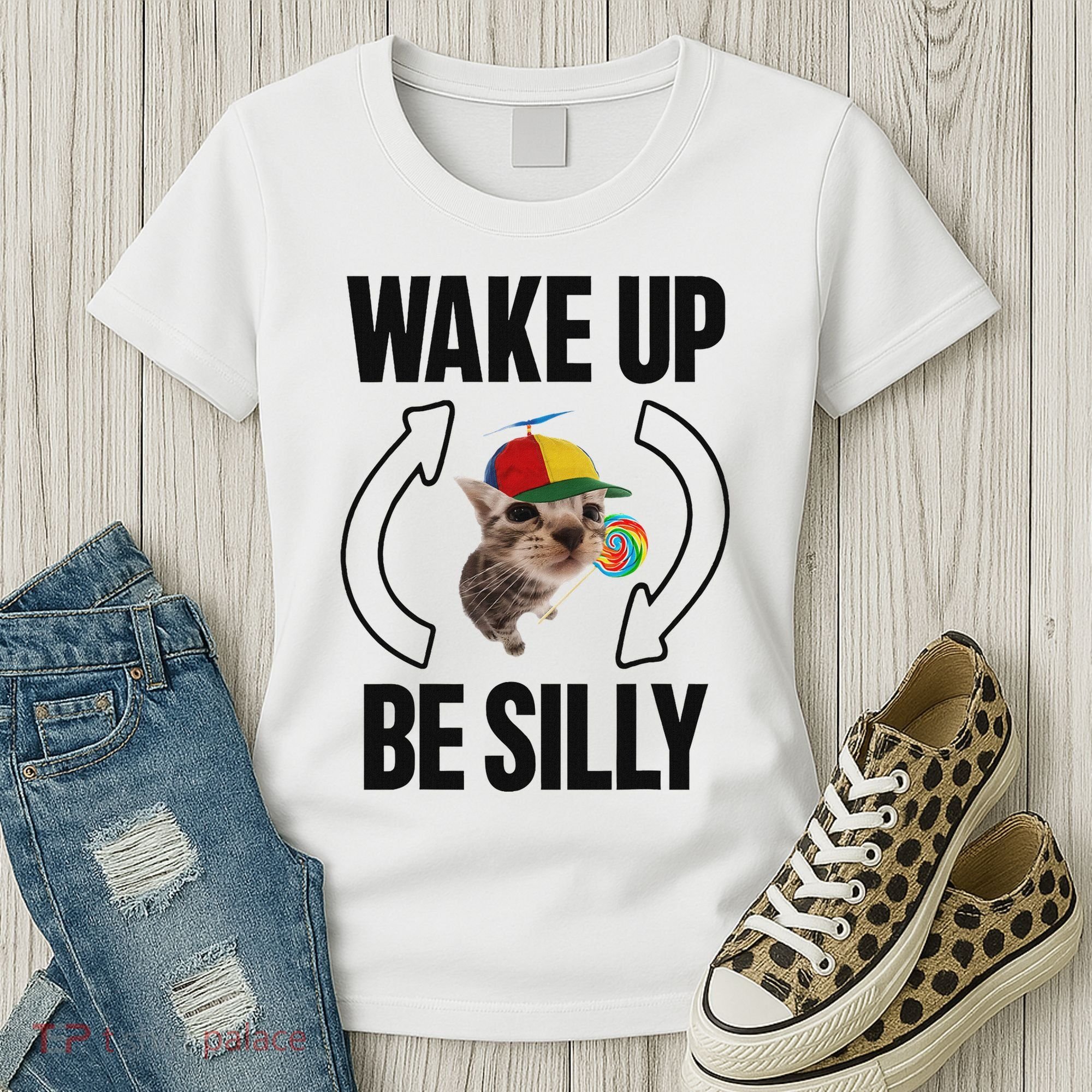Wake Up Be Silly Repeat Cat Meme Cat Eat Rainbow Candy Women's T-Shirt