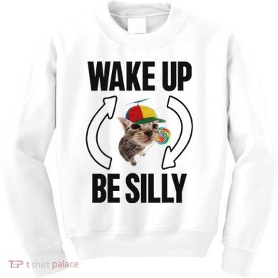 Wake Up Be Silly Repeat Cat Meme Cat Eat Rainbow Candy Kids Sweatshirt