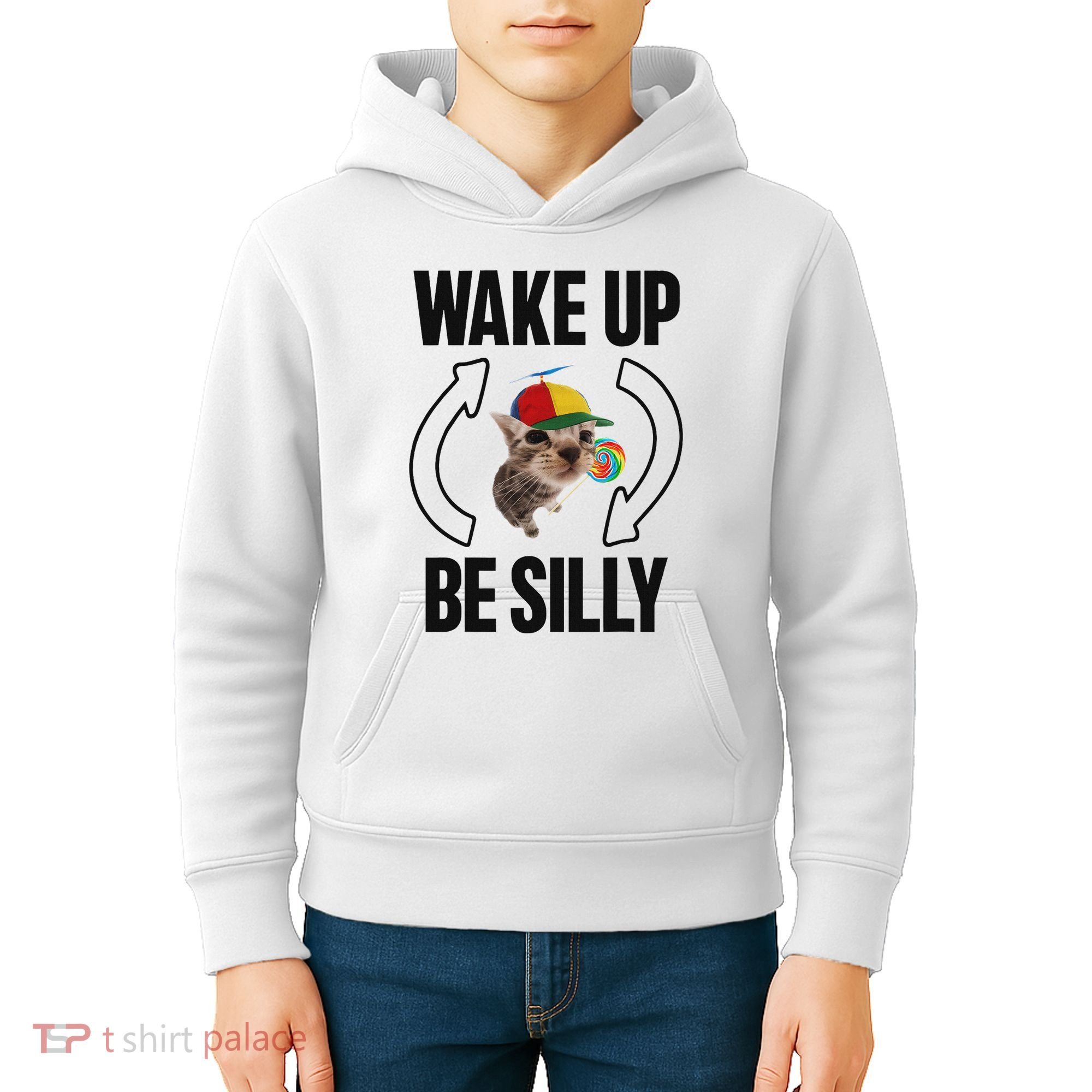 Wake Up Be Silly Repeat Cat Meme Cat Eat Rainbow Candy Kids Hoodie