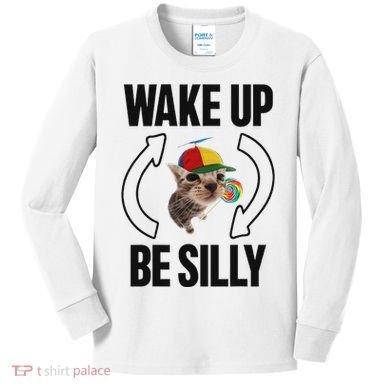 Wake Up Be Silly Repeat Cat Meme Cat Eat Rainbow Candy Kids Long Sleeve Shirt