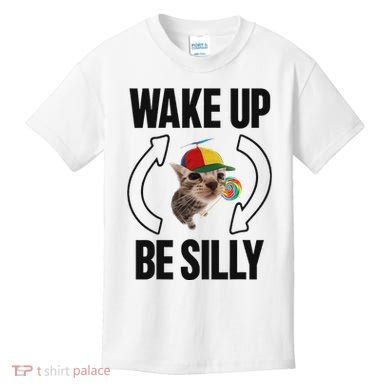 Wake Up Be Silly Repeat Cat Meme Cat Eat Rainbow Candy Kids T-Shirt