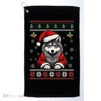 Wolf Ugly Christmas Sweater Wolves Xmas Golf Towel thumb 0