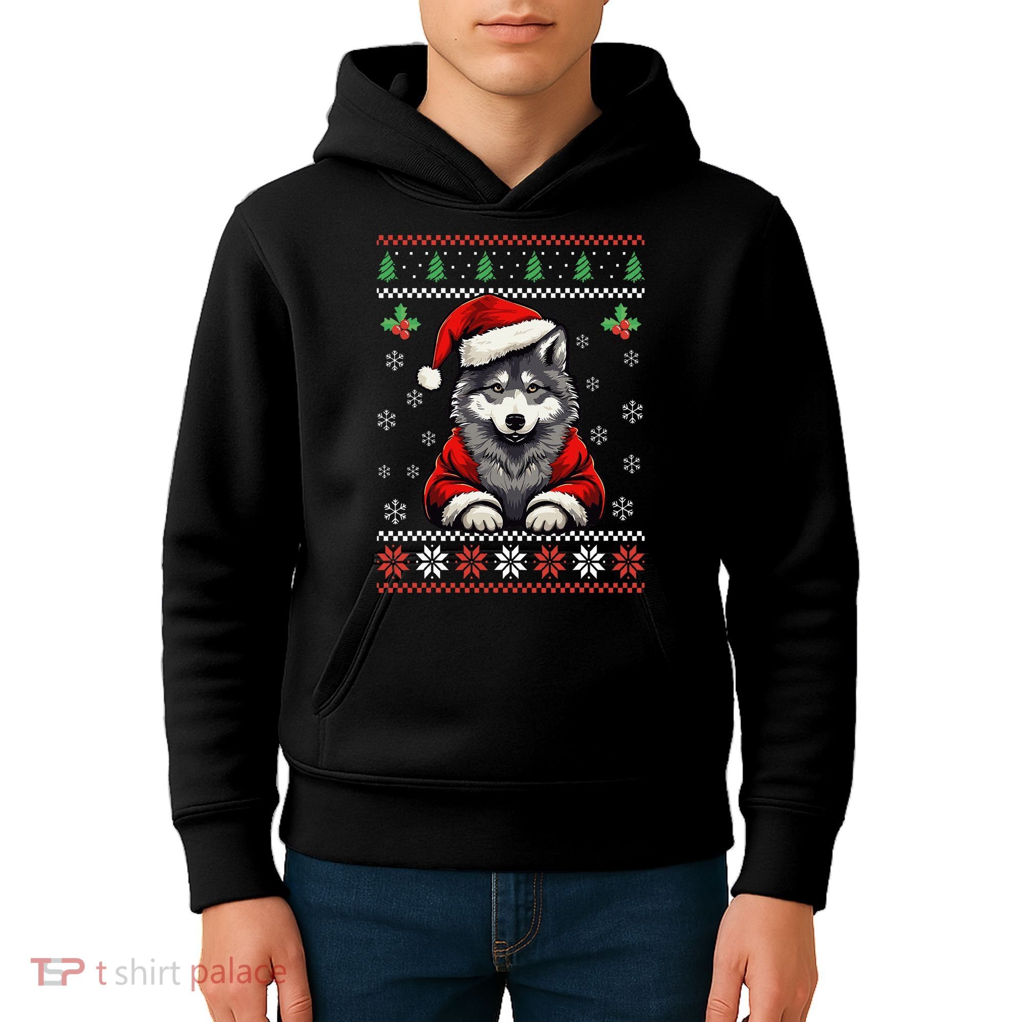 Wolf Ugly Christmas Sweater Wolves Xmas Kids Hoodie