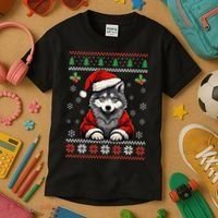 Wolf Ugly Christmas Sweater Wolves Xmas Kids T-Shirt thumb 3