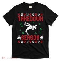 Wrestling Ugly Sweater Takedown Season Christmas Santa T-Shirt thumb 0