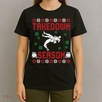 Wrestling Ugly Sweater Takedown Season Christmas Santa T-Shirt thumb 4