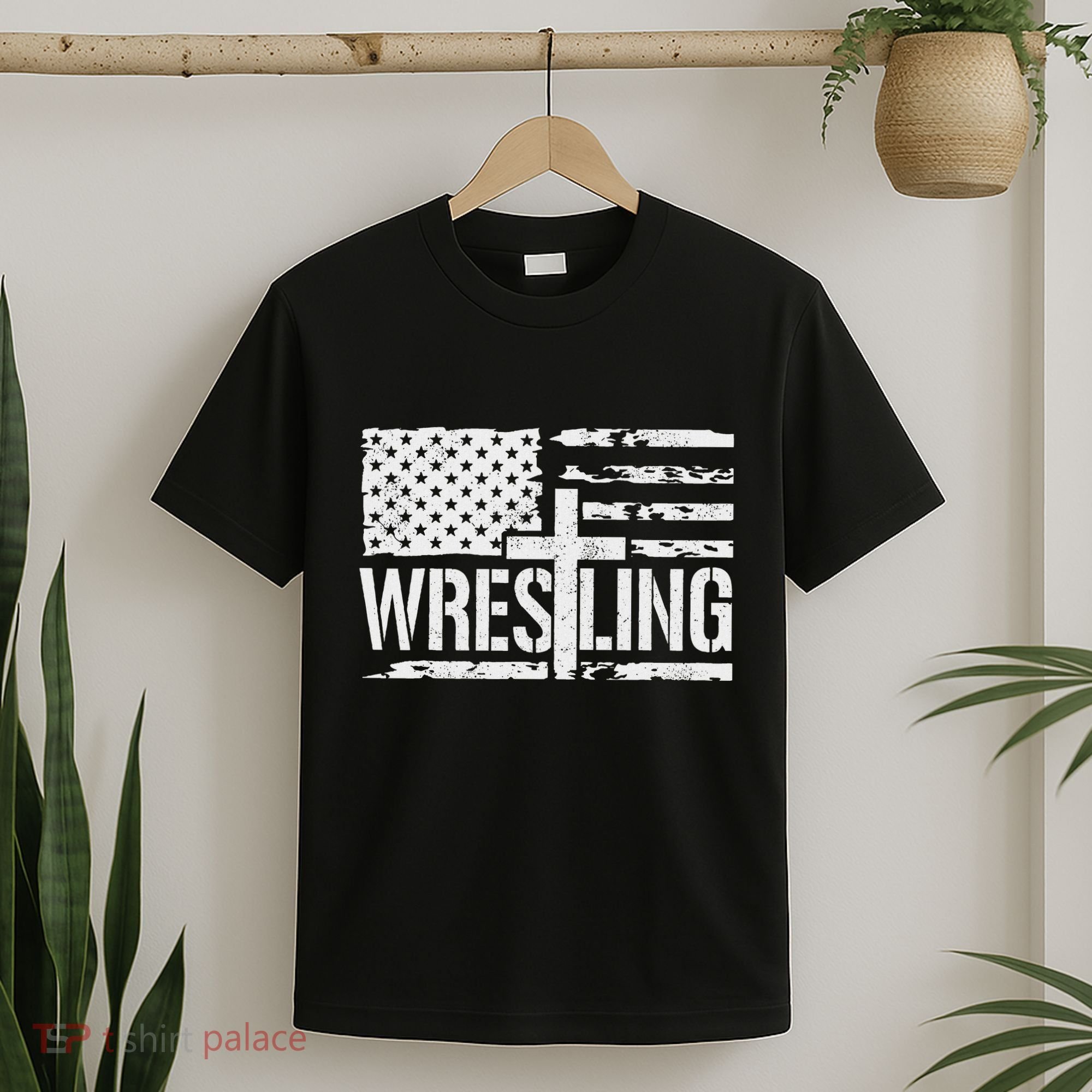 Wrestling Usa Us Flag Patriotic Cross Christ T-Shirt