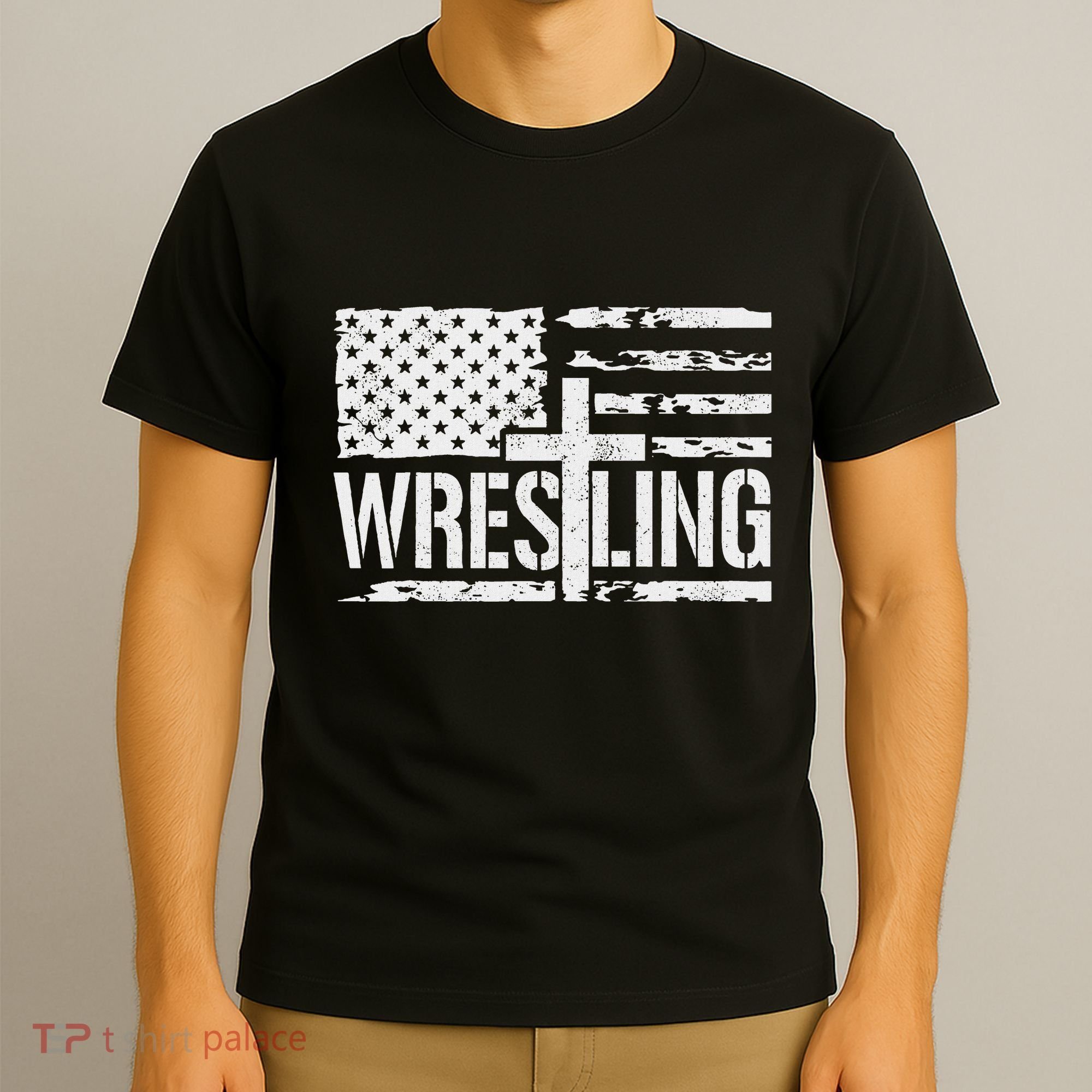 Wrestling Usa Us Flag Patriotic Cross Christ T-Shirt