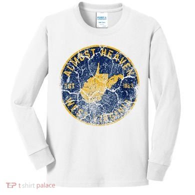 West Virginia Almost Heaven State Map WV Home Vintage 304 Kids Long Sleeve Shirt