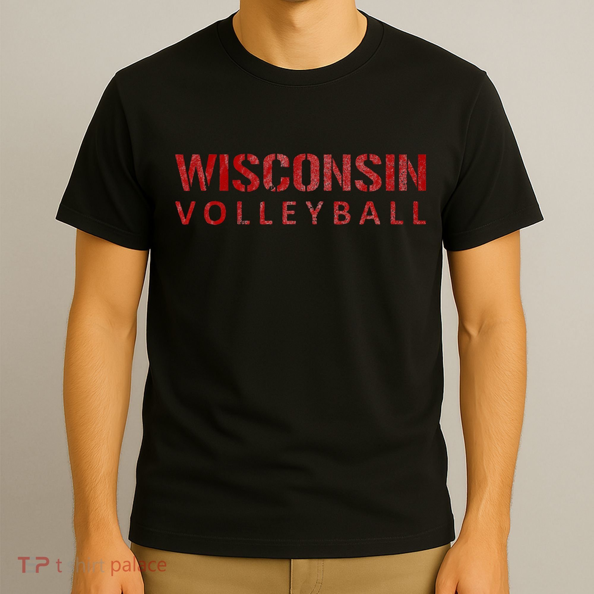 Wisconsin Volleyball Block Style VIntage Distressed T-Shirt