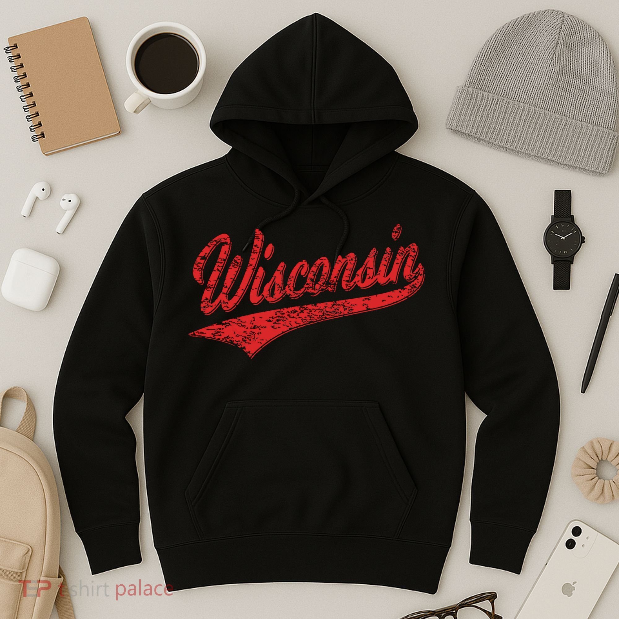 Wisconsin Varsity Script Classic Sports Jersey State Flag Hoodie