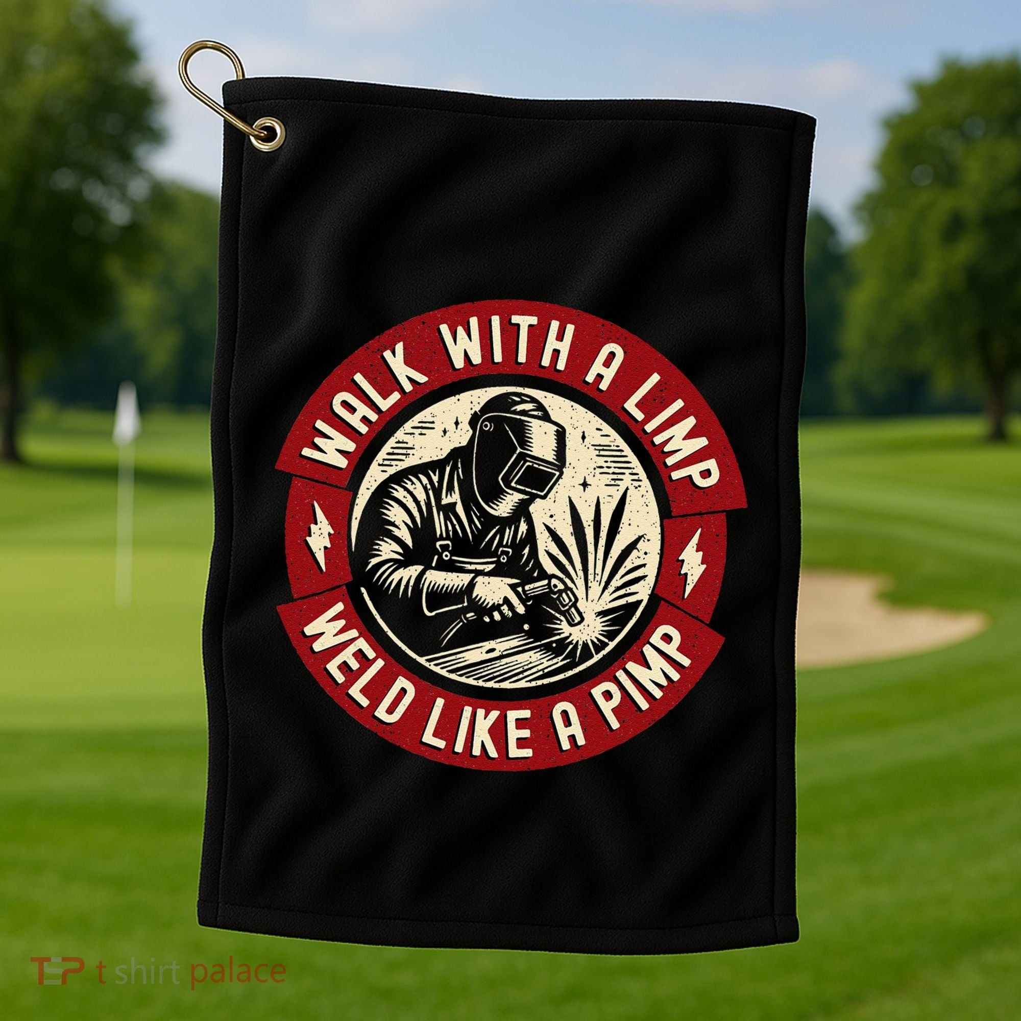 Walk With A Limp Weld Like A Pimp Funny Welding Welder Gift Golf Towel