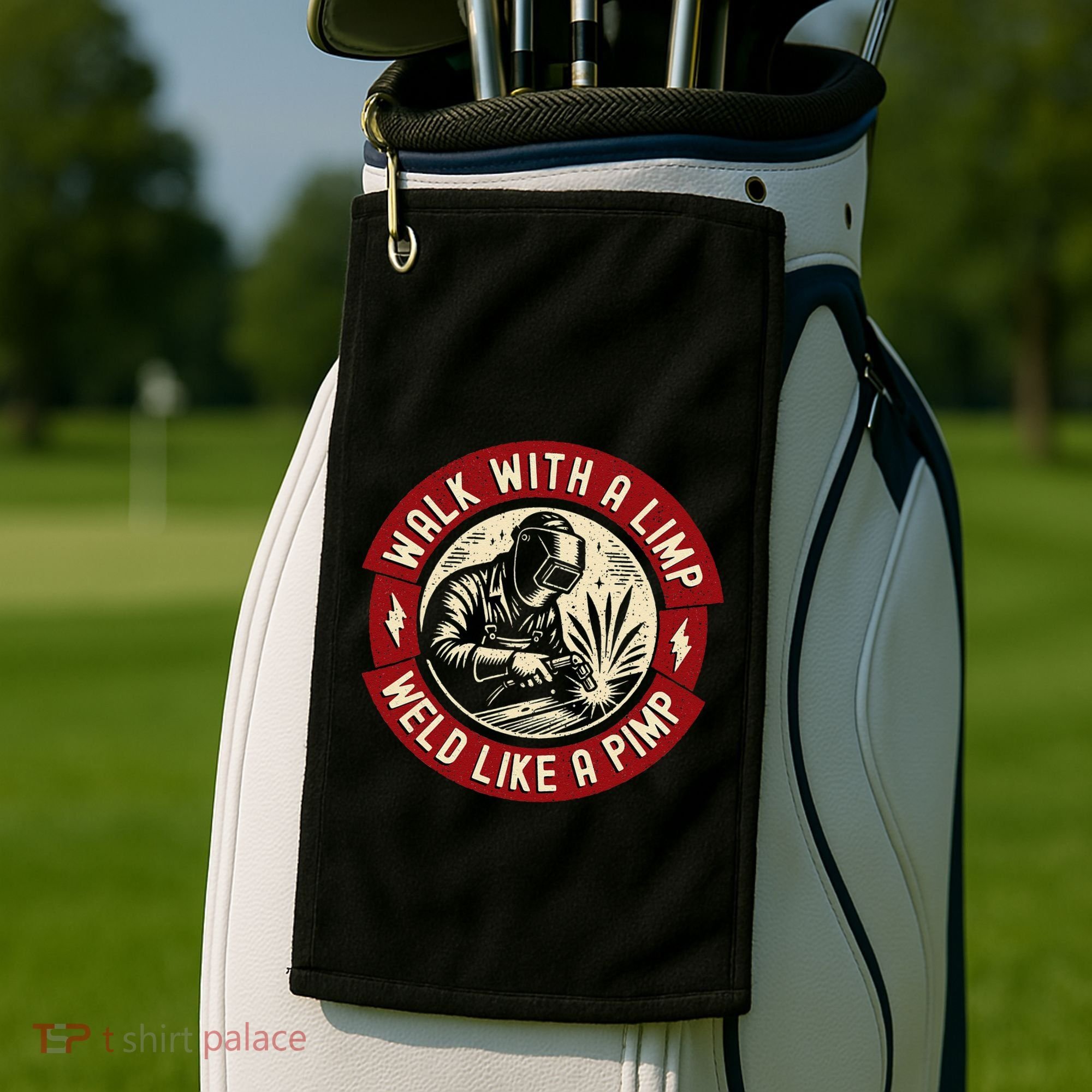 Walk With A Limp Weld Like A Pimp Funny Welding Welder Gift Golf Towel