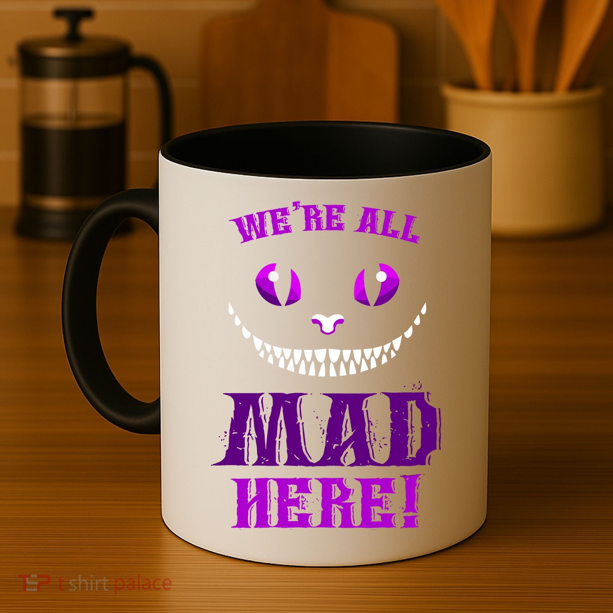 Womens We're All Mad Here Grinning Cheshire Cat Wonderland Coffee Mug