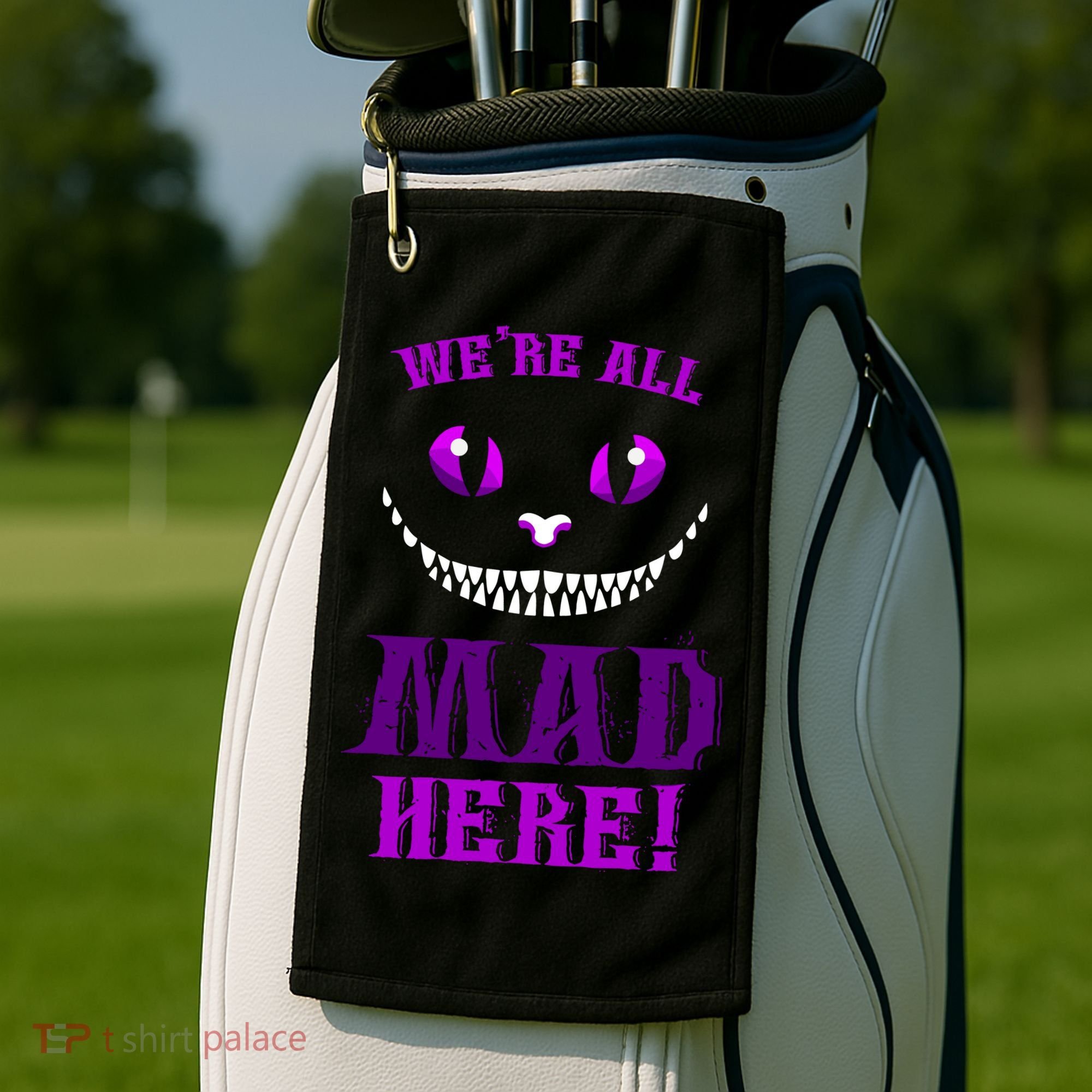 Womens We're All Mad Here Grinning Cheshire Cat Wonderland Golf Towel