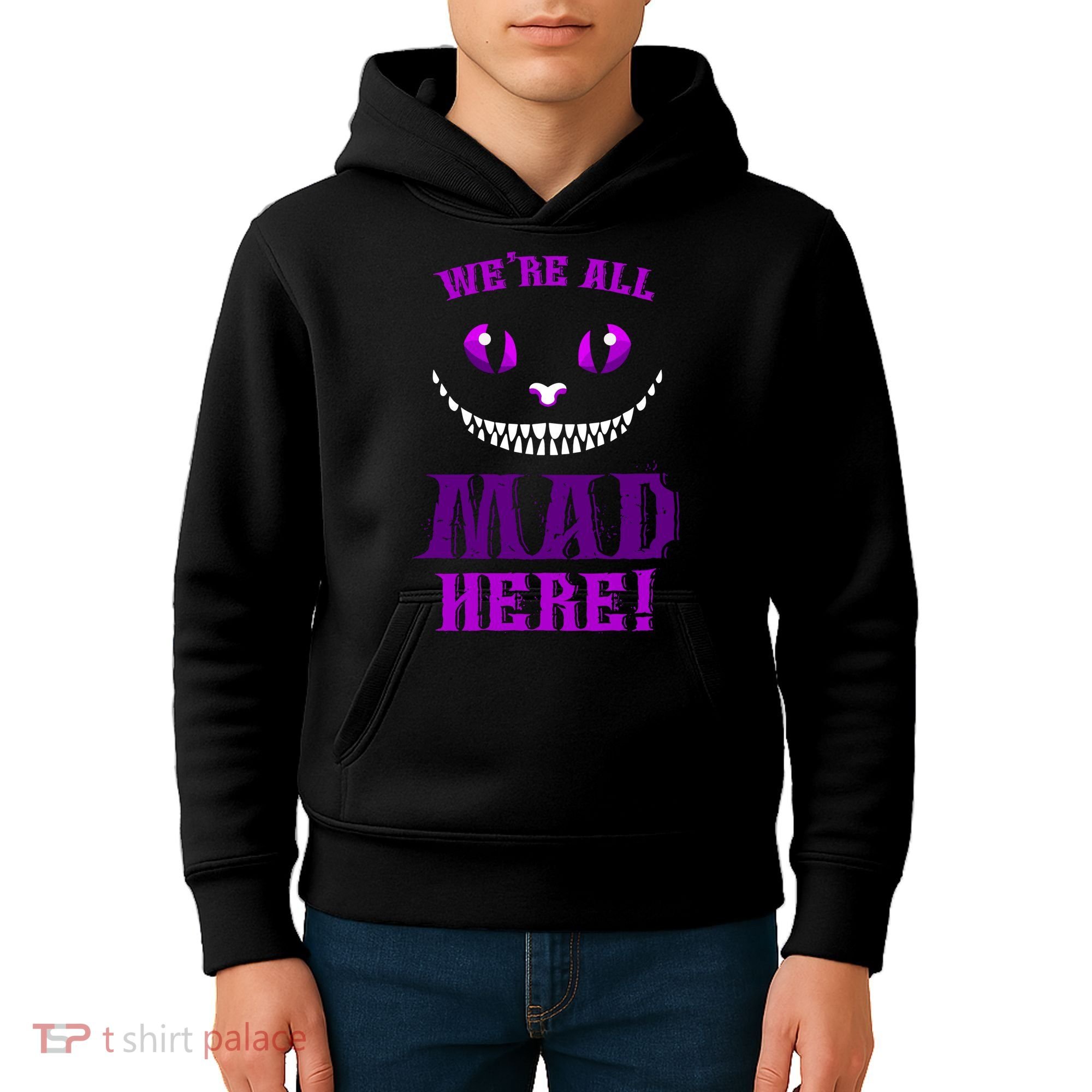 Womens We're All Mad Here Grinning Cheshire Cat Wonderland Kids Hoodie