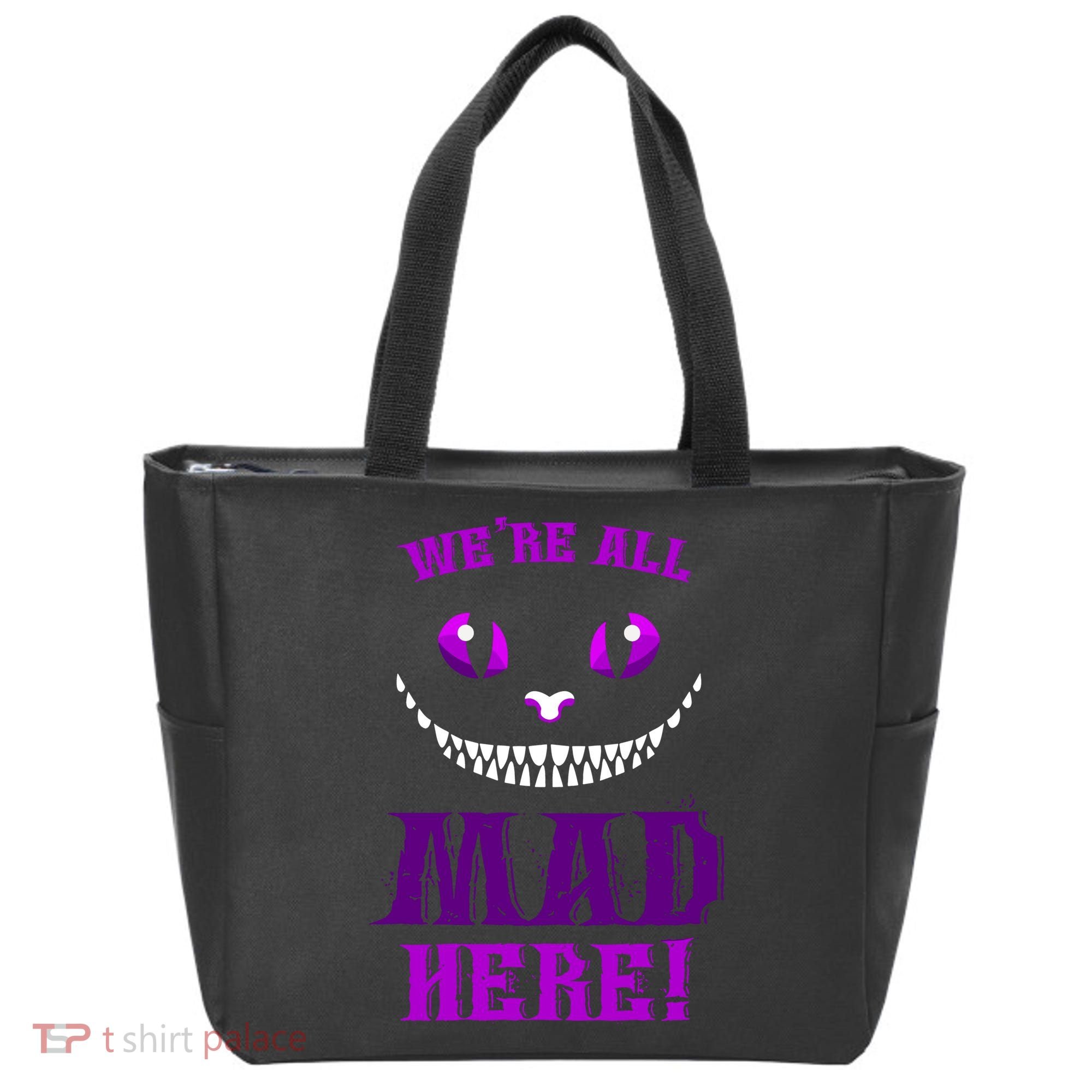 Womens We're All Mad Here Grinning Cheshire Cat Wonderland Tote Bag