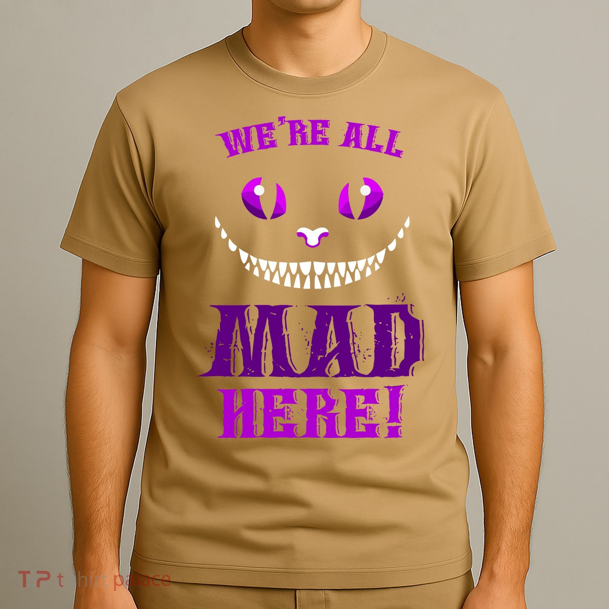 Womens We're All Mad Here Grinning Cheshire Cat Wonderland T-Shirt