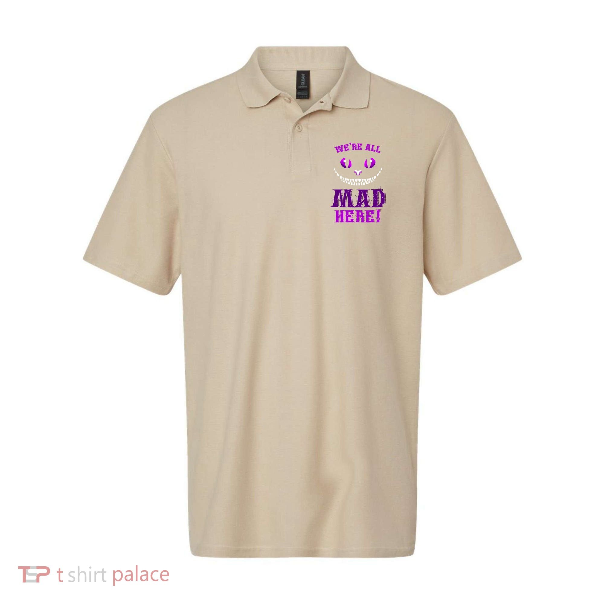 Womens We're All Mad Here Grinning Cheshire Cat Wonderland Polo