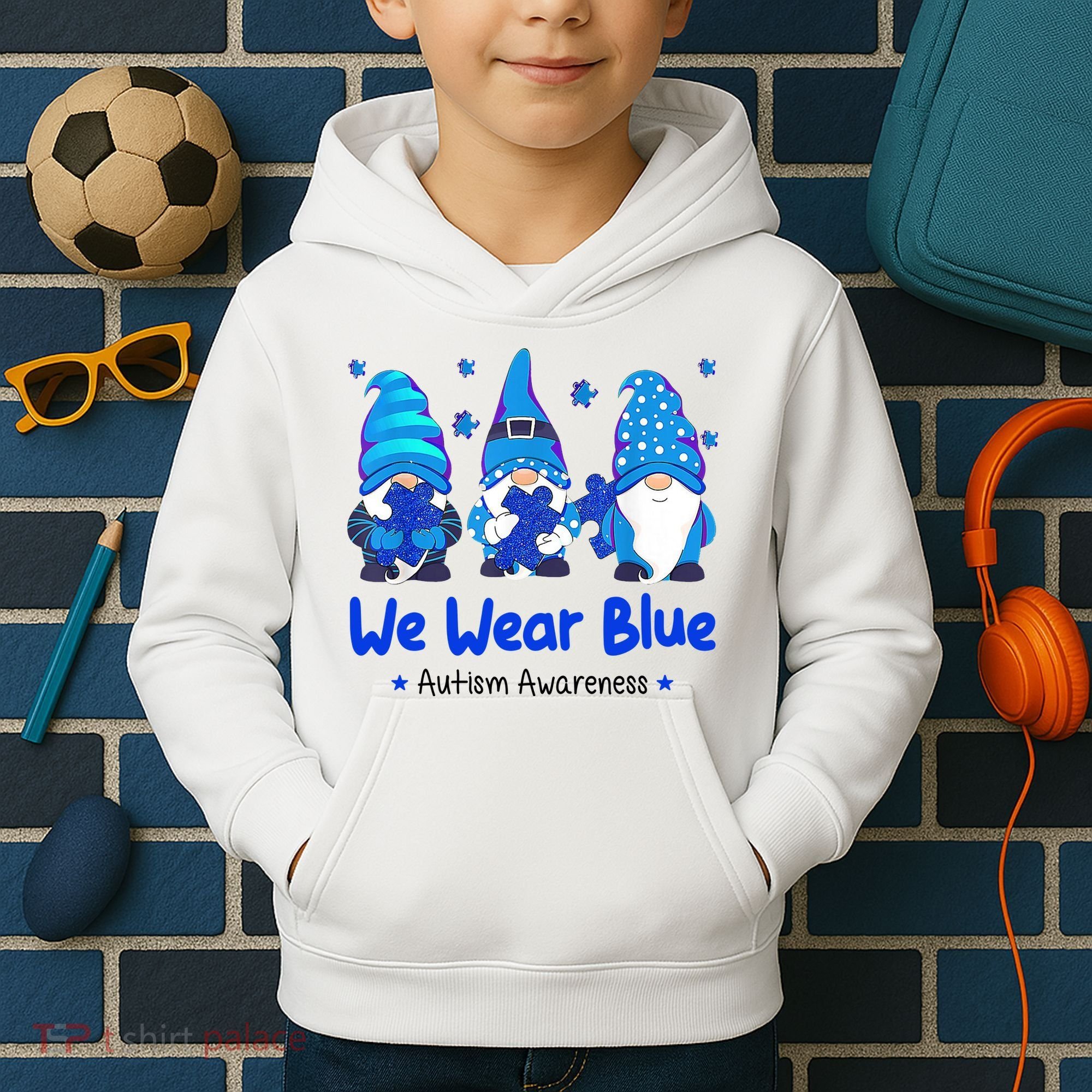We Wear Blue Autism Awareness Gnome Kids Hoodie