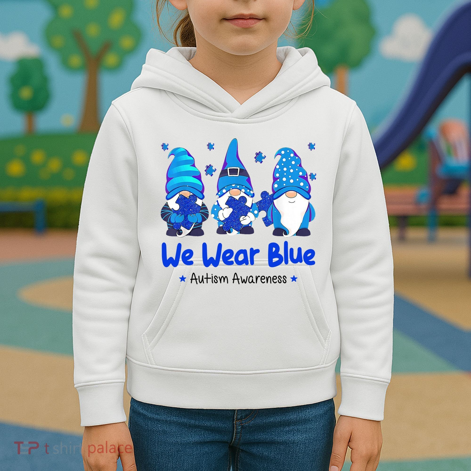 We Wear Blue Autism Awareness Gnome Kids Hoodie
