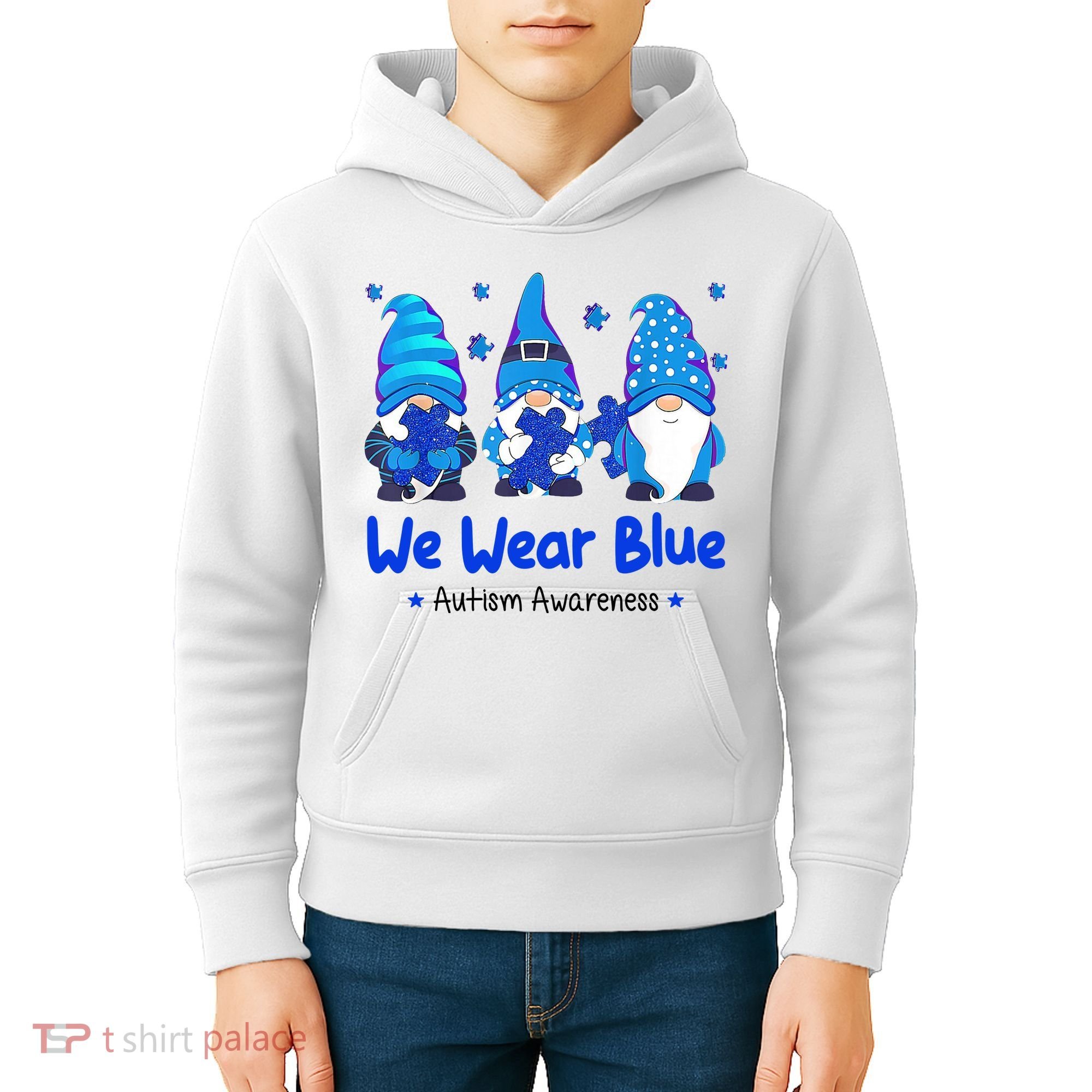 We Wear Blue Autism Awareness Gnome Kids Hoodie
