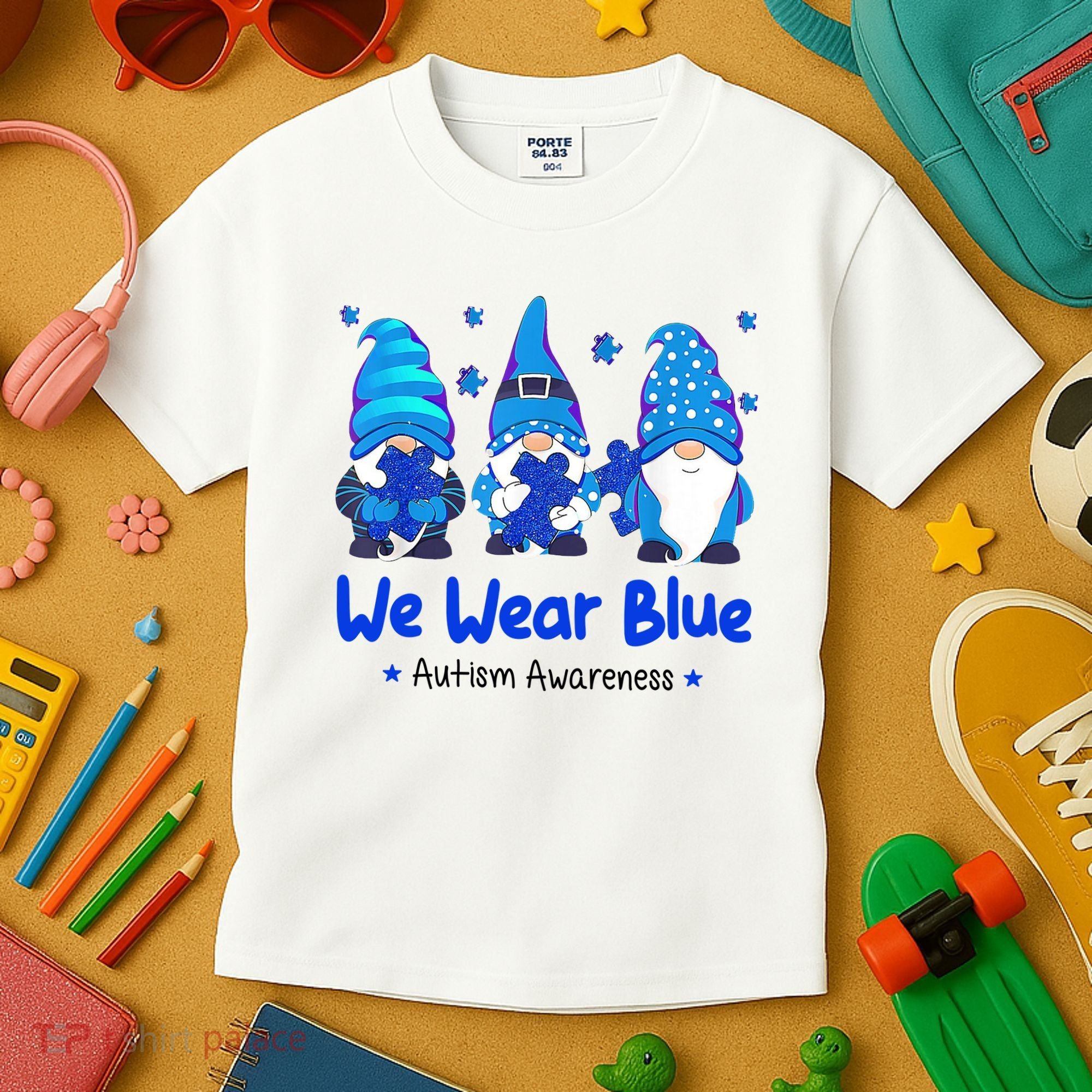 We Wear Blue Autism Awareness Gnome Kids T-Shirt