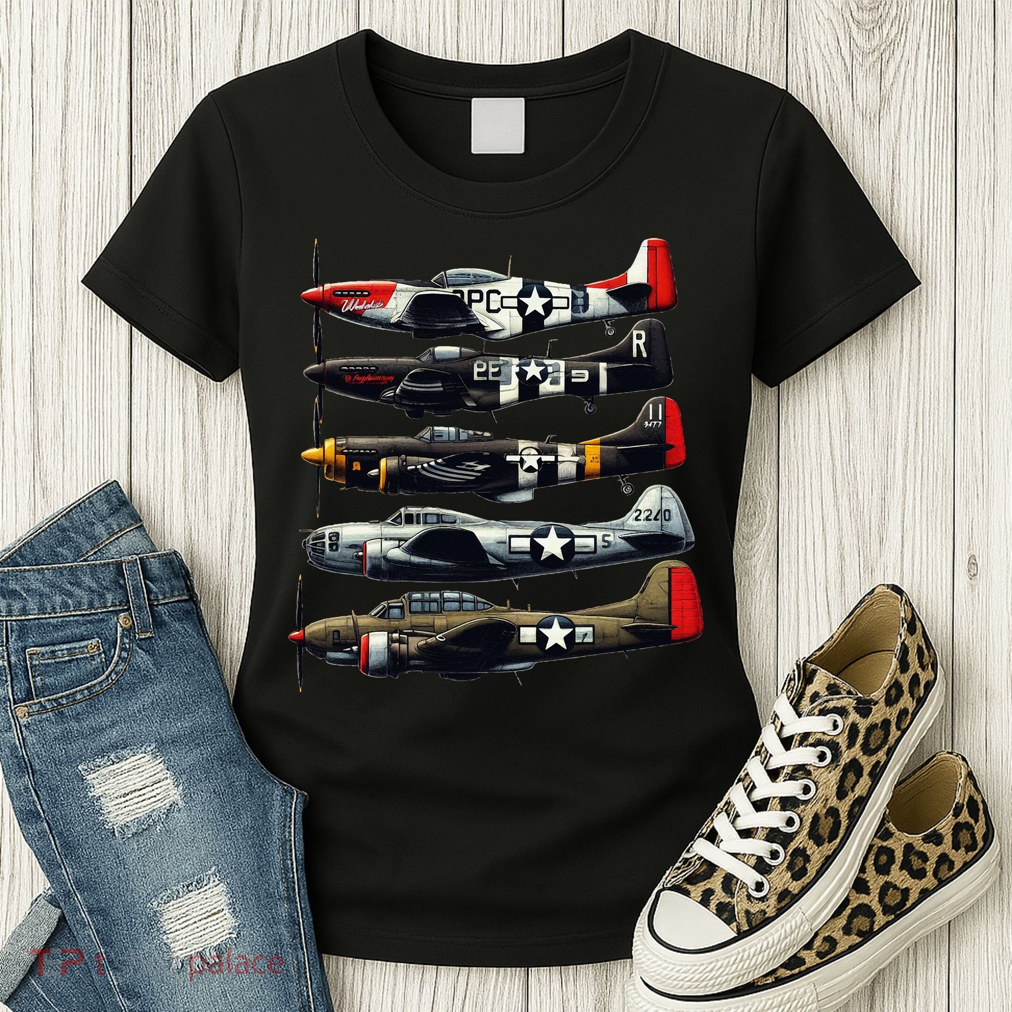 Ww2 Warplanes B 17 P51 Mustang F4u Corsair P40 Warhawk Women's T-Shirt