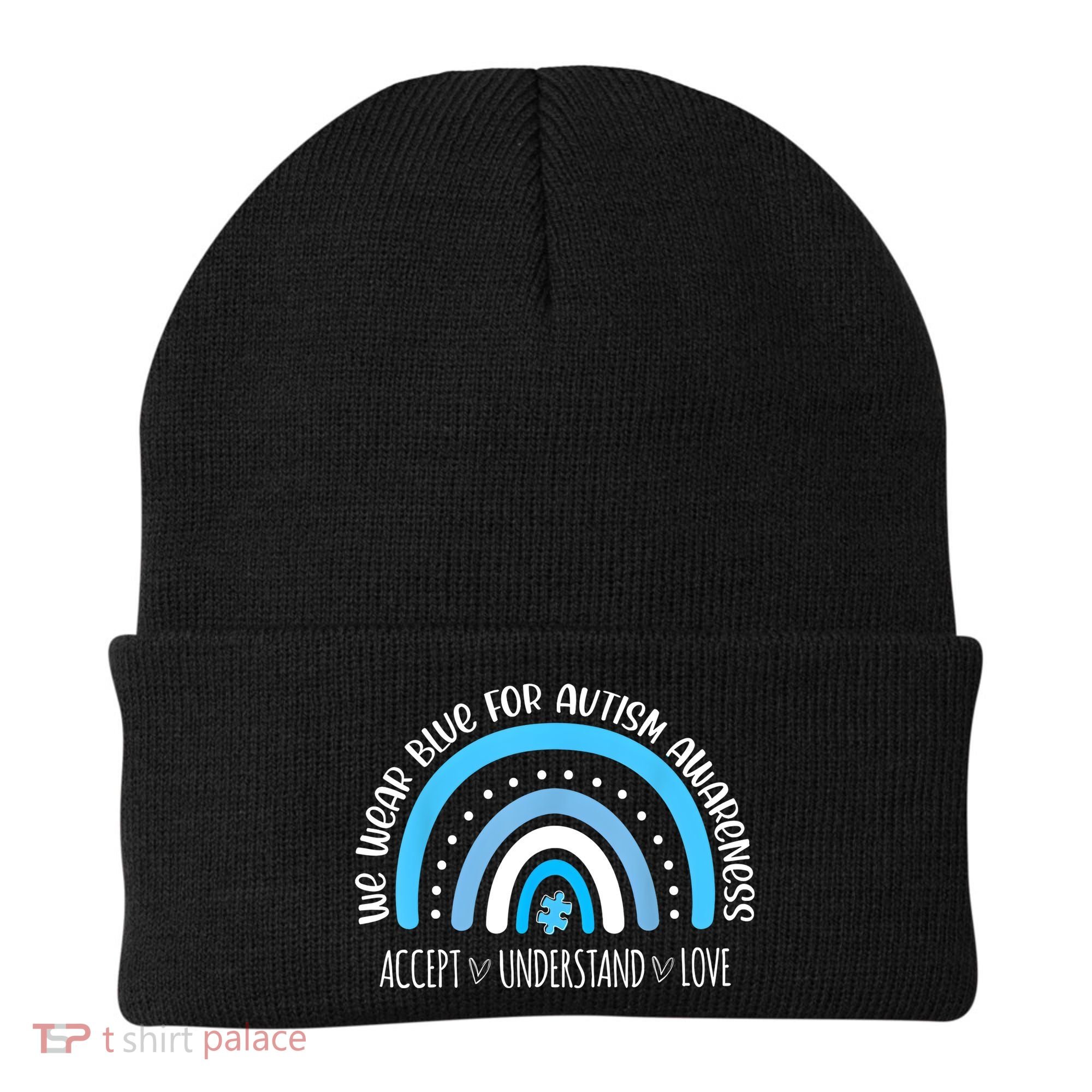 We Wear Blue For Autism Awareness Cute Rainbow Autistic Beanie
