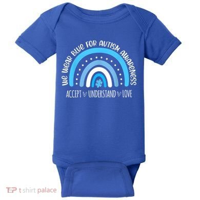 We Wear Blue For Autism Awareness Cute Rainbow Autistic Baby Bodysuit