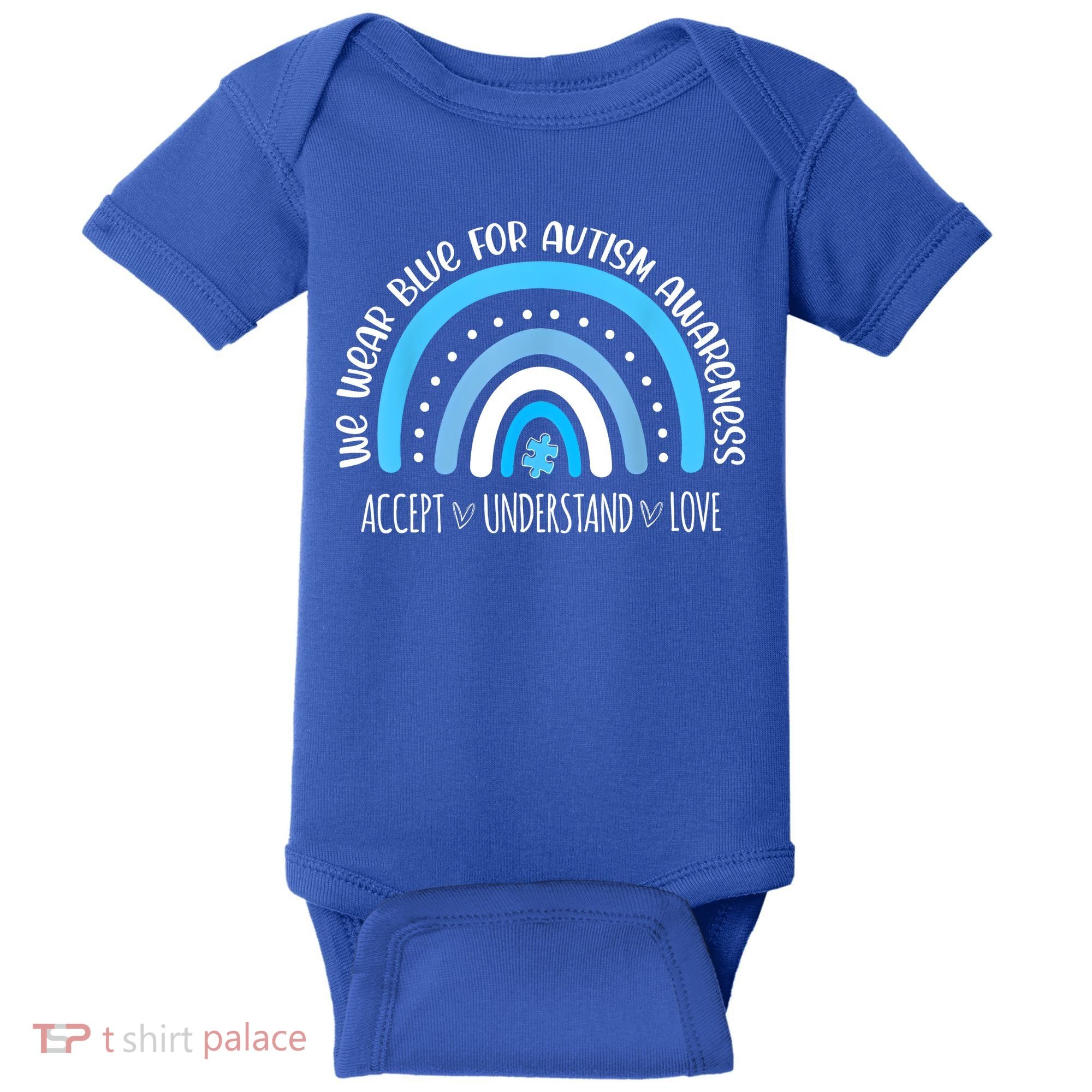We Wear Blue For Autism Awareness Cute Rainbow Autistic Baby Bodysuit