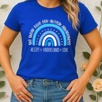 We Wear Blue For Autism Awareness Cute Rainbow Autistic Women's T-Shirt thumb 2